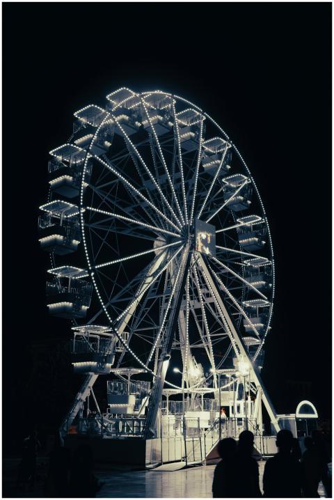 A glowing Ferris wheel lights up the night sky in