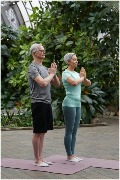 Senior couple practicing yoga poses together in a