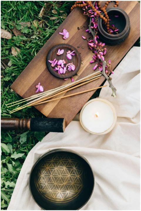 Calming outdoor meditation scene featuring incense