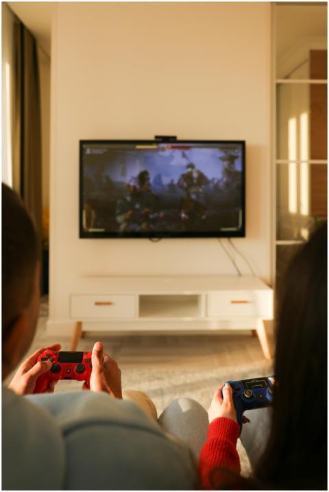 A couple enjoys a video game session on PlayStatio