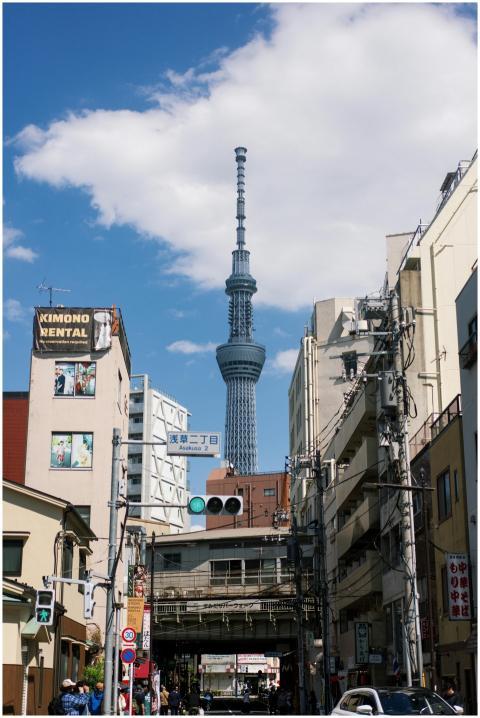 View of Tokyo Skytree amid bustling street and cit