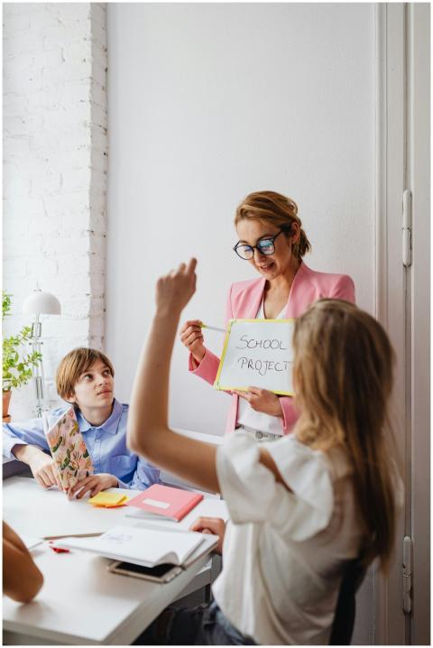 Teacher guiding students in a lively classroom wit
