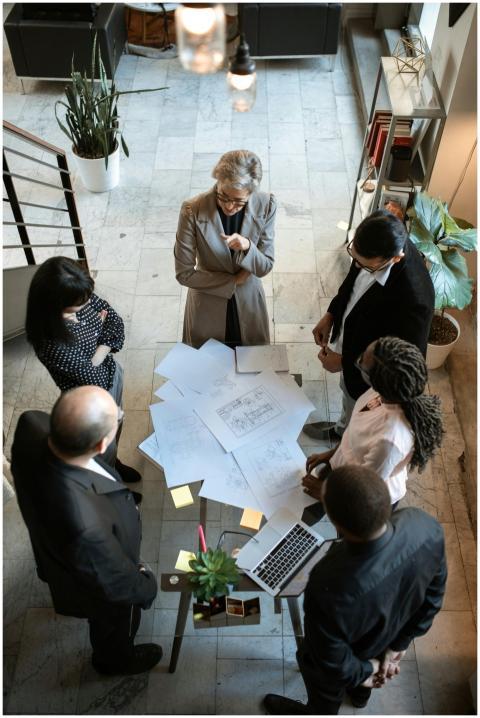 A diverse group of professionals collaborating ove