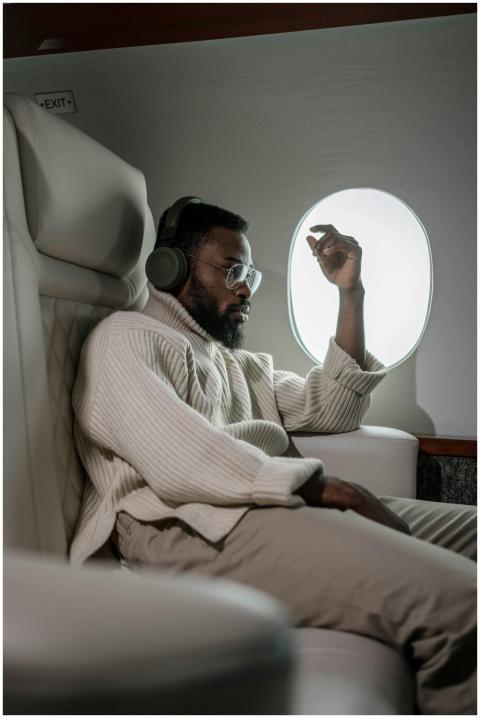 A man enjoying comfort in airplane business class,