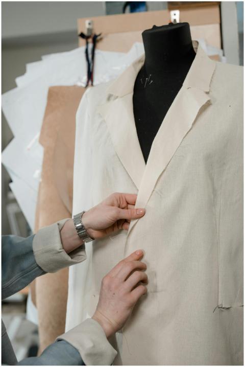 A fashion designer working on a white blazer on a