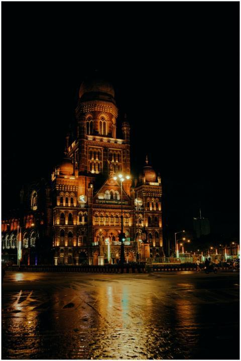 Night view of an illuminated Victorian Gothic buil