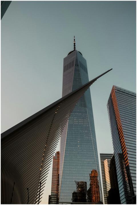 A stunning low angle view of One World Trade Cente