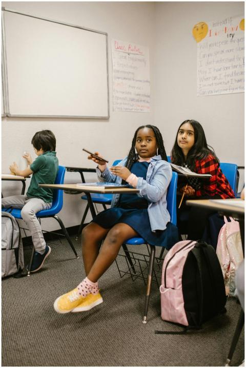 Diverse group of children in a classroom focusing