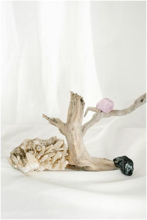 Elegant arrangement of crystals and driftwood agai