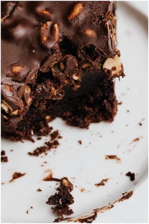 Close-up of a decadent chocolate brownie with nuts