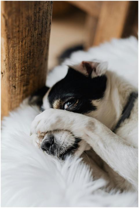 Cute dog lounging on a furry white blanket, playfu