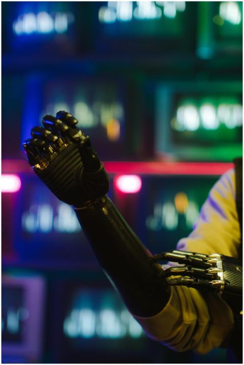 Close-up of a cybernetic prosthetic arm with chrom