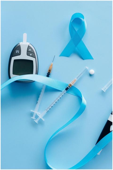 Flat lay of a glucose meter, syringe, and blue rib