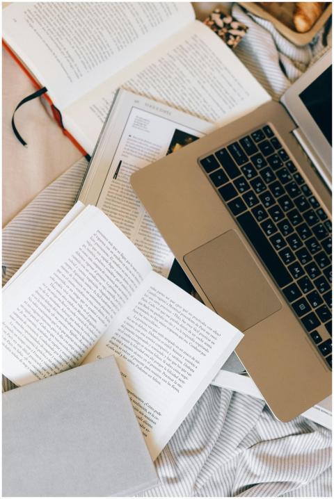 A cozy workspace featuring an open laptop and scat