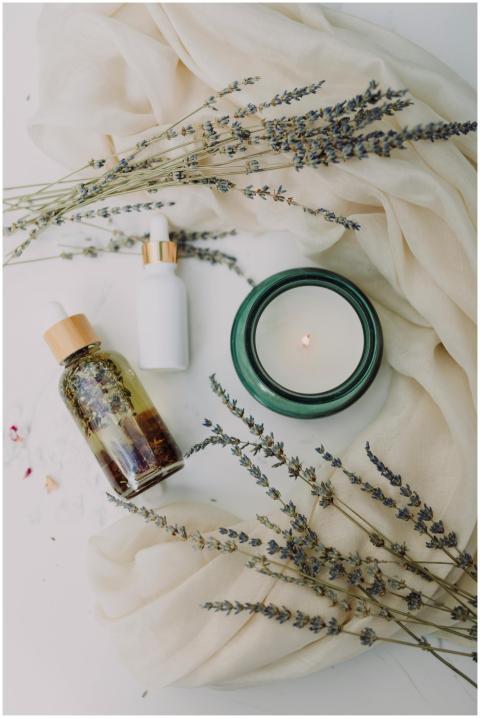 A calming flat lay of spa essentials featuring lav