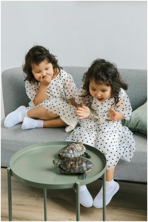 Two twin girls excitedly watching turtles on a sof