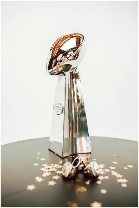 Shiny silver championship trophy on display with s