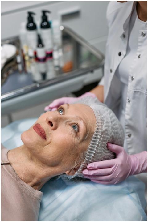 A senior woman undergoes a facial procedure at a m