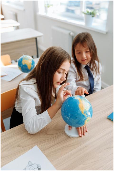 Schoolgirls exploring a globe, fostering curiosity