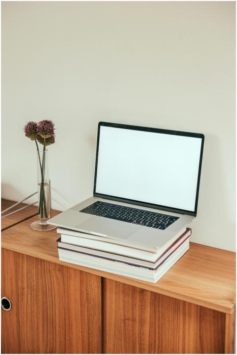 A sleek laptop sits atop a stack of books on a woo