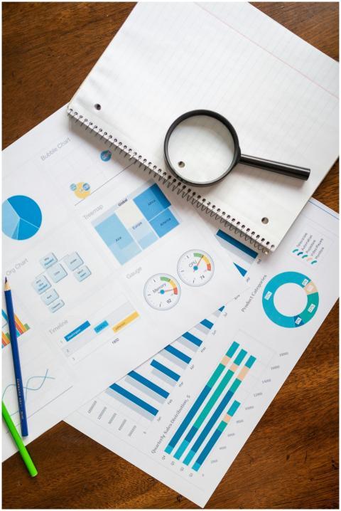 A set of financial charts and graphs with a magnif