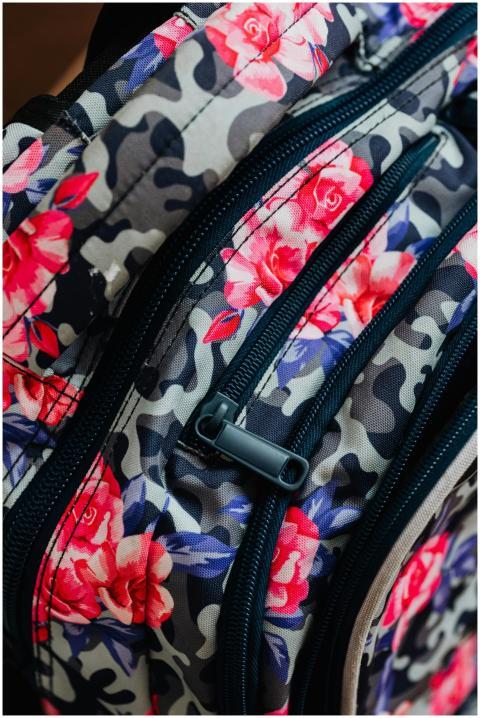 Close-up view of a floral patterned backpack with
