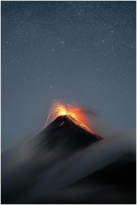 A stunning vertical shot of a volcano erupting ami