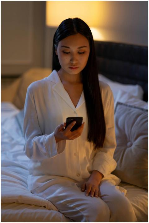 Asian woman in pajamas using smartphone while sitt