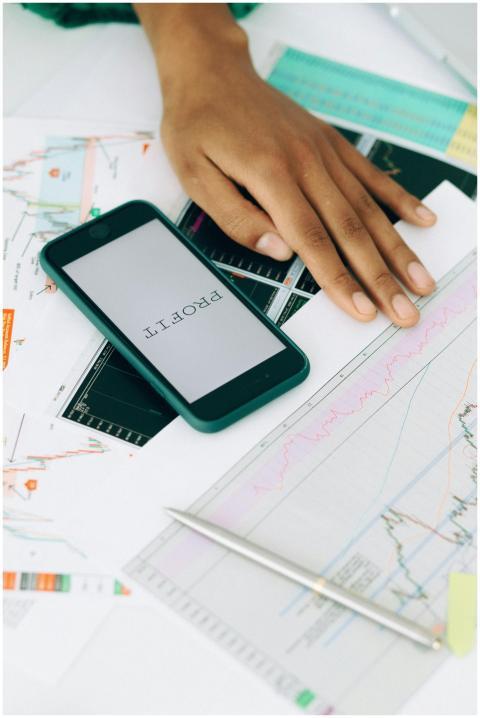 Close-up of hand with smartphone displaying profit