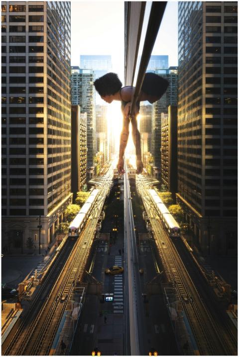 A dynamic urban scene featuring a woman reflecting