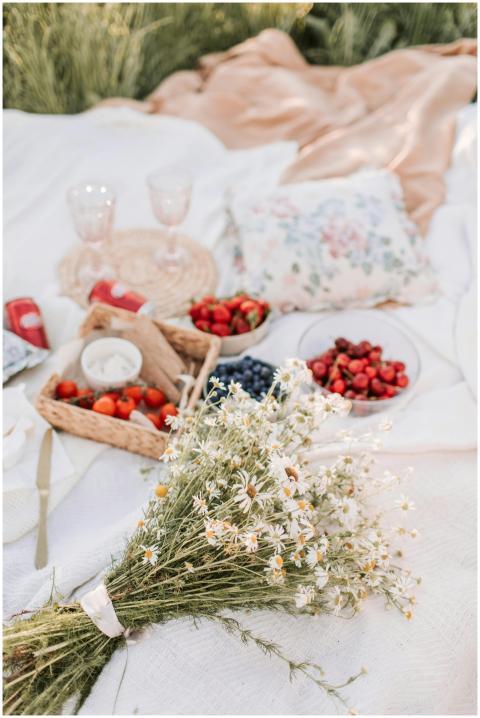 A picturesque picnic setup with berries, chamomile