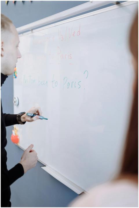 Teacher explaining English lesson using a whiteboa