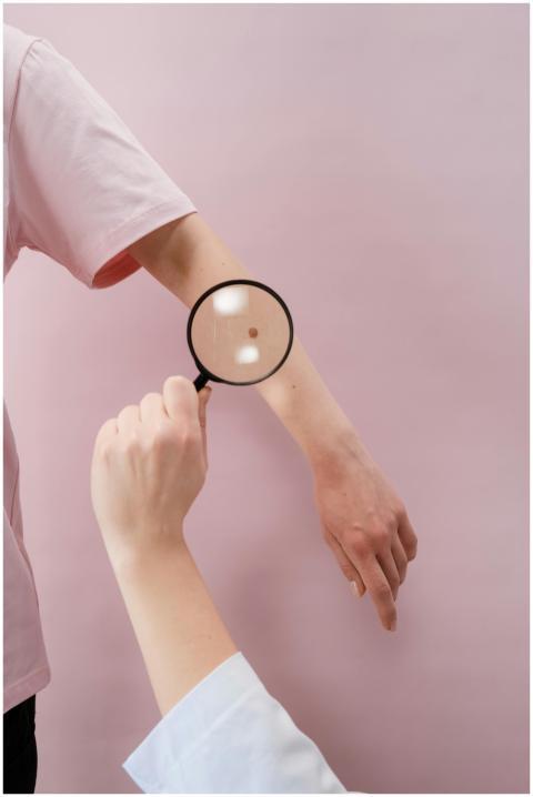 Close-up of a dermatologist examining skin with a