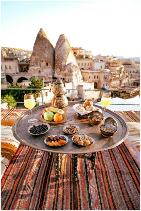 Traditional Turkish breakfast set against the back