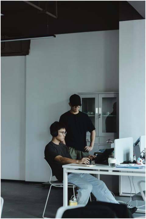 Two colleagues collaborating at a computer in a mo