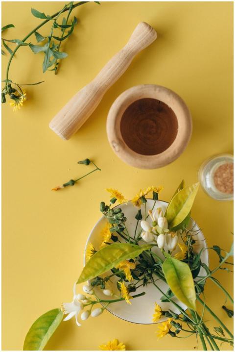 Herbal ingredients with a mortar and pestle on yel