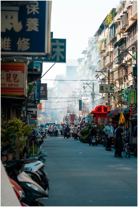 Vibrant market street scene with bustling activity