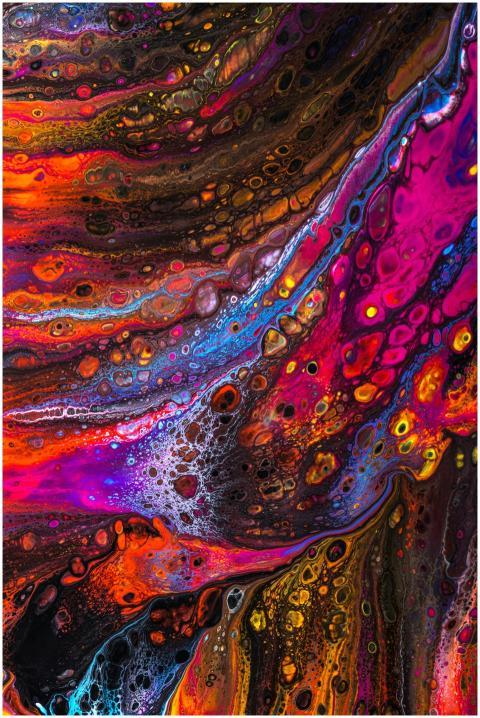 A vibrant and dynamic abstract painting featuring
