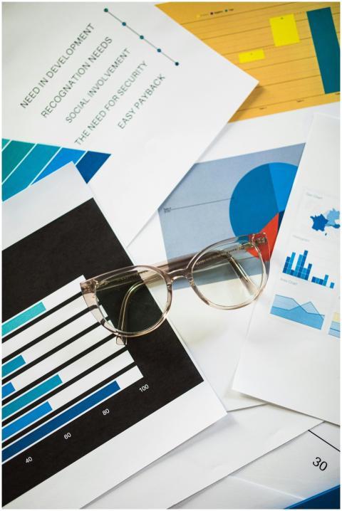 Eyeglasses resting on business charts and document