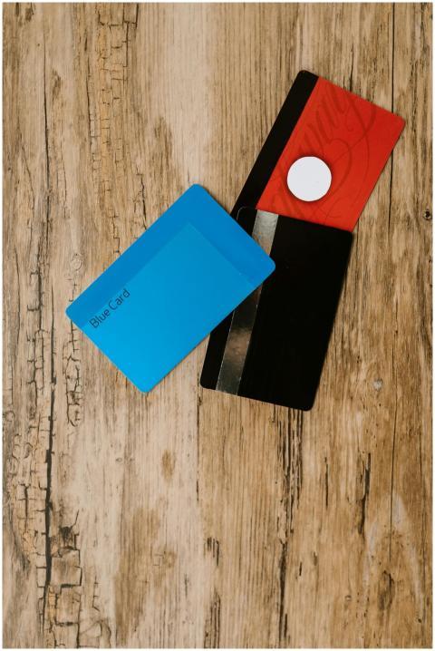 Flat lay of a red wallet and credit cards on a rus