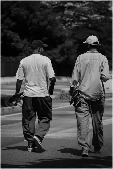 Two friends walk down a park path holding skateboa