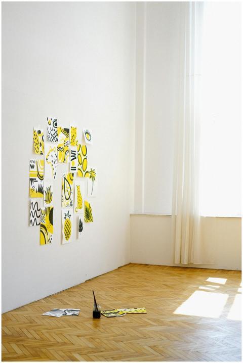 Creative art setup with abstract yellow and black