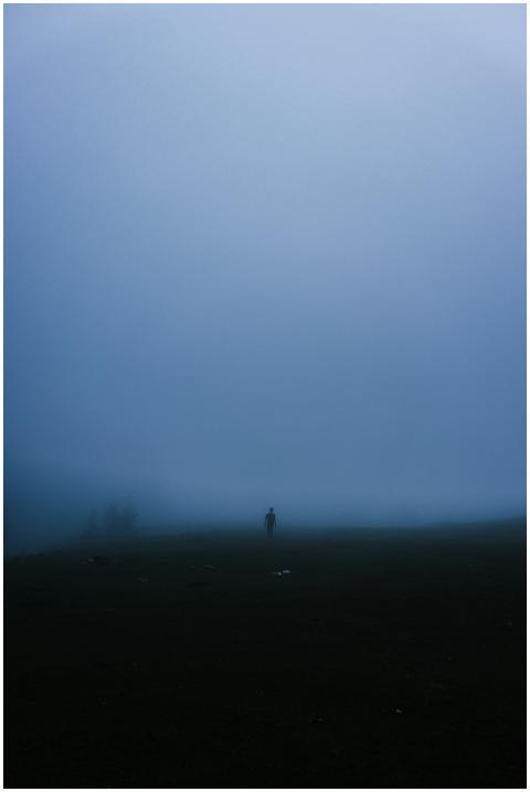 A mysterious silhouette stands in a dense foggy fi