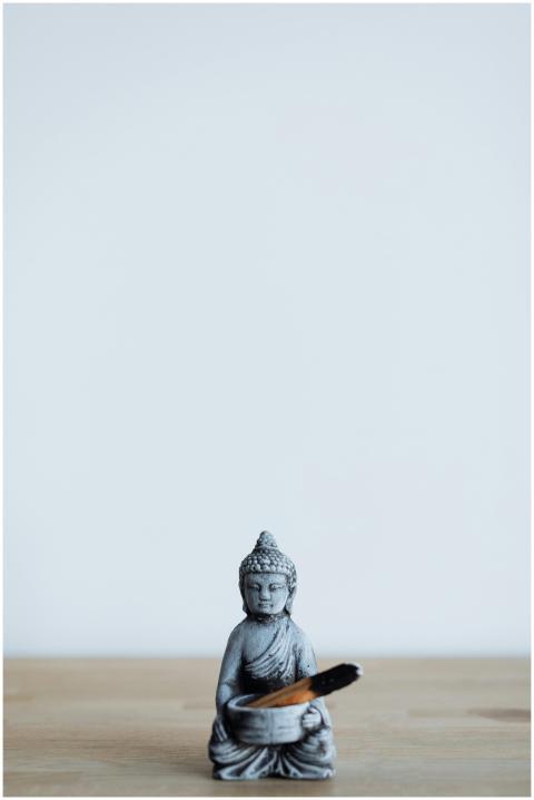 Serene Buddha figurine holding palo santo against
