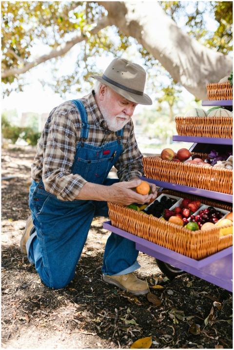Senior farmer arranging fresh produce baskets at a