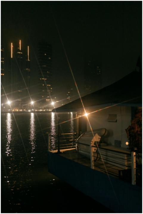 Serene night view of an urban skyline with reflect