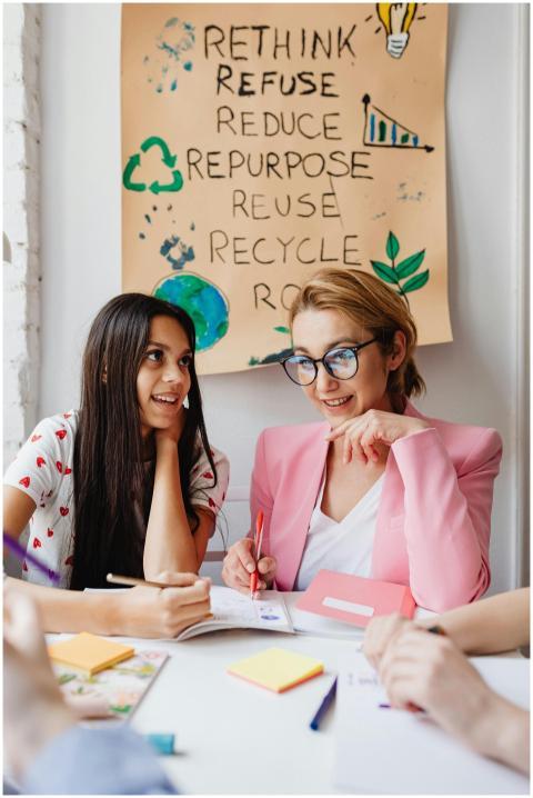 Teacher and student discuss eco-friendly practices