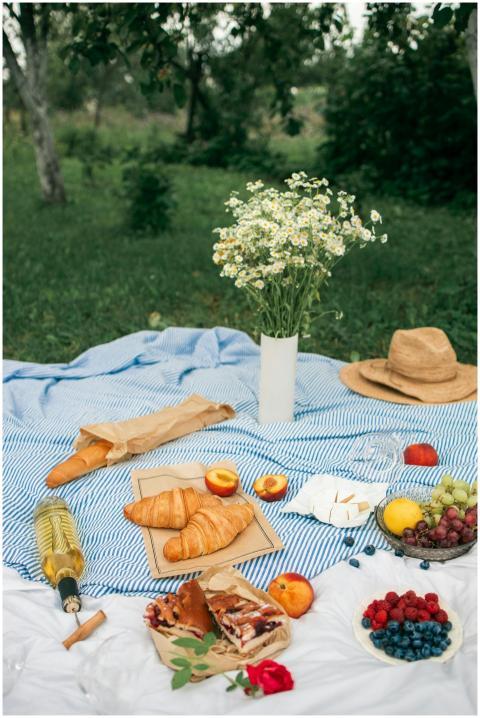 A charming outdoor picnic featuring croissants, fr