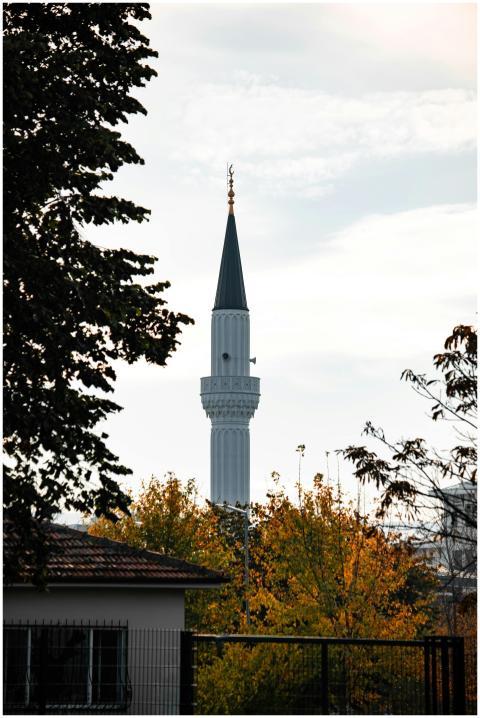 A tall, elegant minaret framed by autumn trees aga