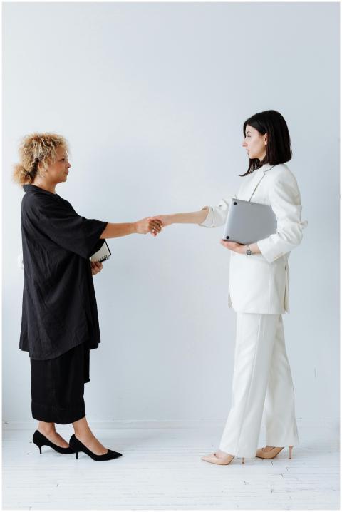 Two businesswomen shaking hands in an office setti